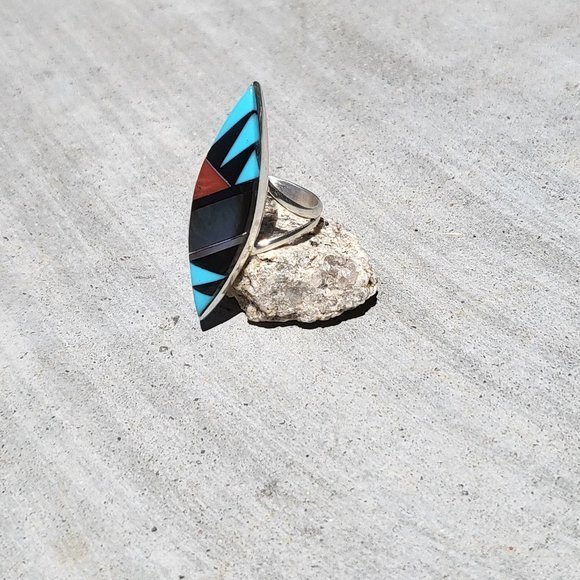 Zuni Multi Stones Diamond Shape Sterling Silver Native American Jewelry Sz 6.5US - Picture 13 of 13